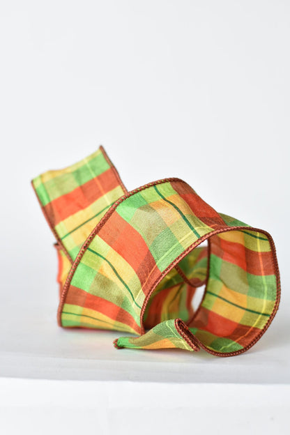 2.5" x 10yd Orange + Lime Plaid Faux Dupioni Silk Ribbon