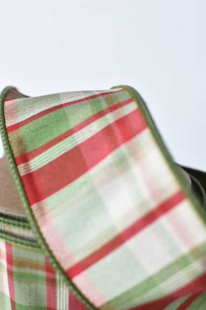2.5" x 10yd Red/Green/Tan Plaid Dupioni Silk Ribbon