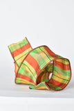 2.5" x 10yd Orange + Lime Plaid Faux Dupioni Silk Ribbon