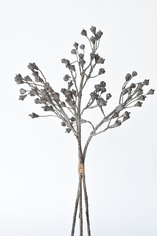 21" Faux Ice Glittered Twig with Pod Bundle (3 Stems)