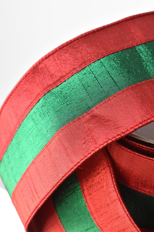 4" x 10yd Red Lame Silk w/Green Lame Stripe Ribbon
