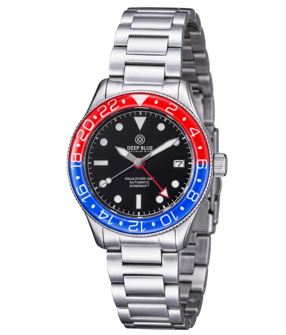 Wristwatch with a silver metal strap and red and blue bezel on a white background