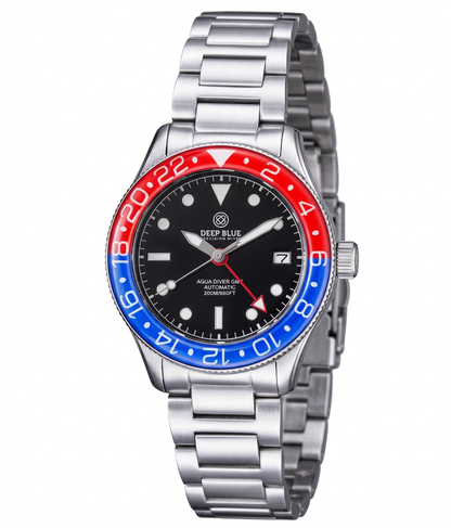 Wristwatch with a silver metal strap and red and blue bezel on a white background