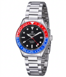 Wristwatch with a silver metal strap and red and blue bezel on a white background