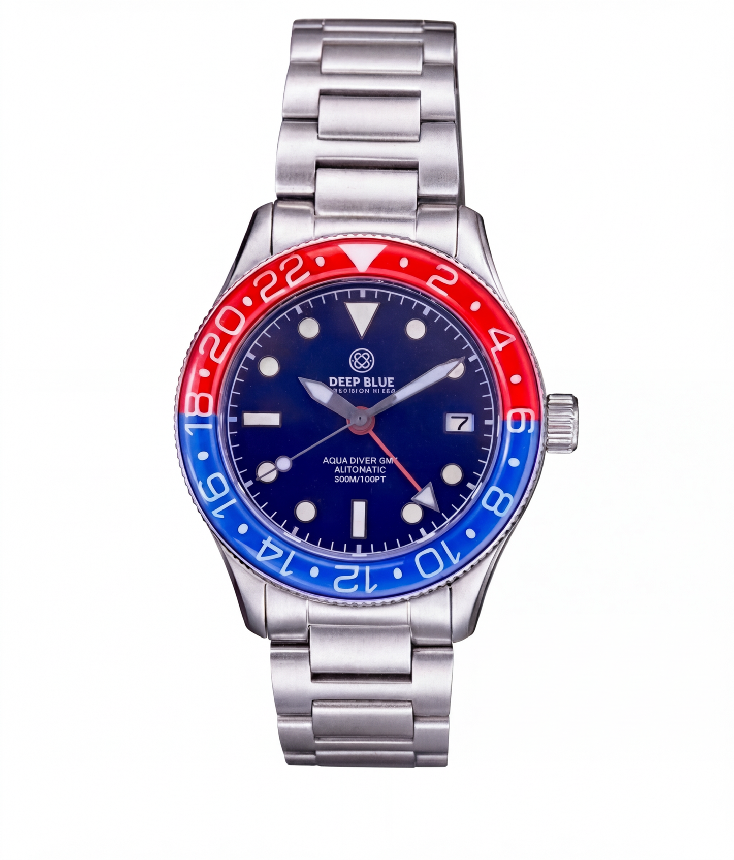 Wristwatch with a blue and red bezel on a white background