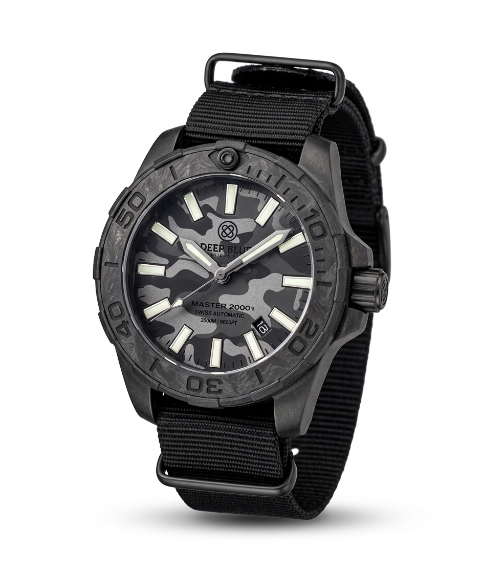Black wristwatch with camouflage face on a white background