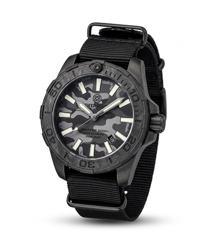 Black wristwatch with camouflage face on a white background