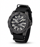 Black wristwatch with camouflage face on a white background
