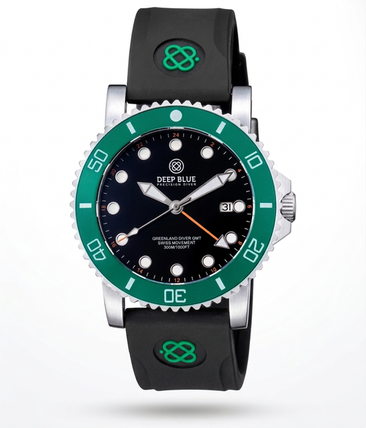 Watch with green bezel and black strap on a white background