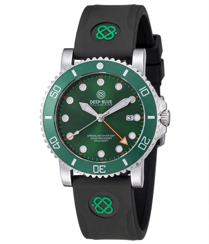 Green watch with black strap and visible brand logo on a white background