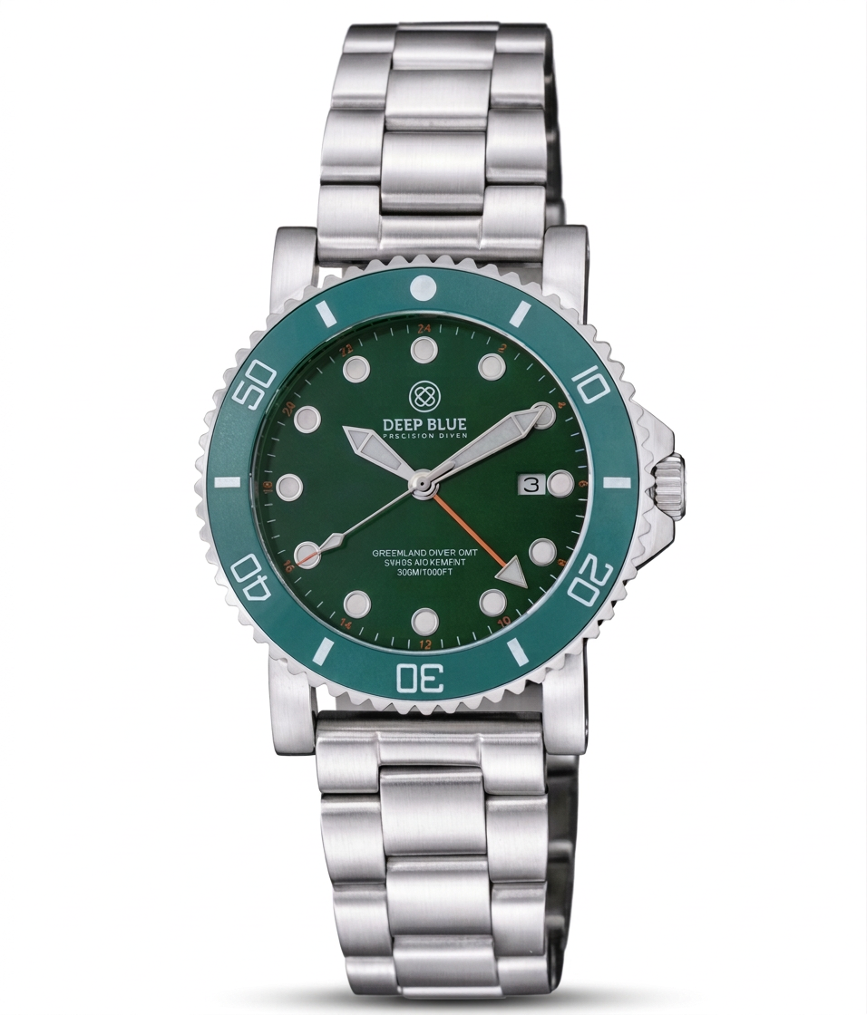 Green watch with silver bracelet on a white background