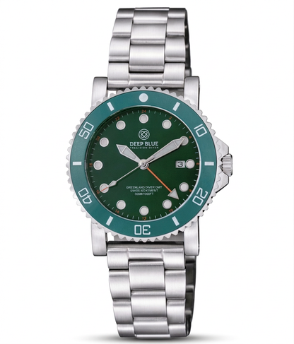 Green watch with silver bracelet on a white background