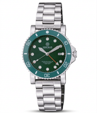 Green watch with silver bracelet on a white background