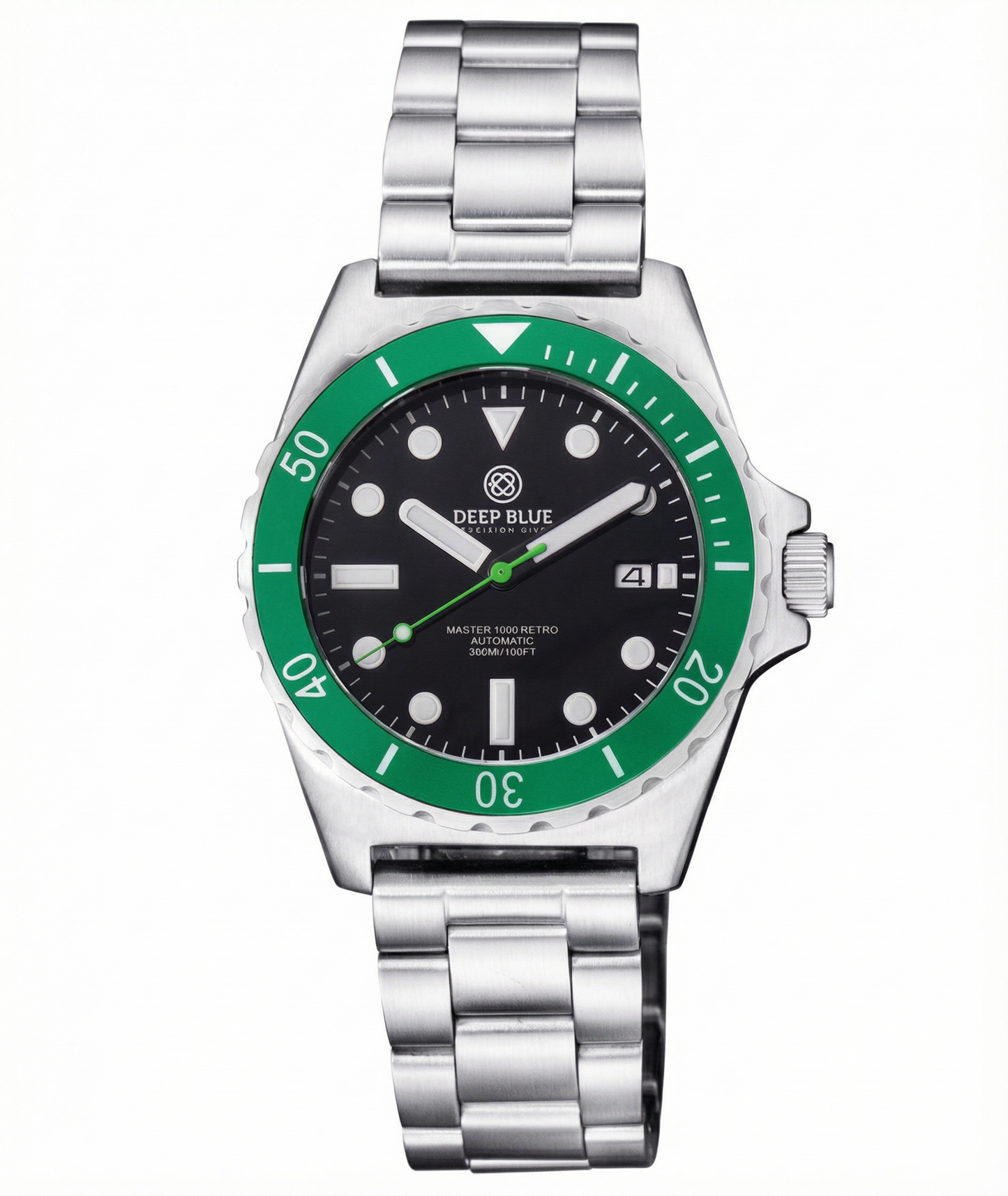 Deep Blue silver watch with green accents and a lume dial