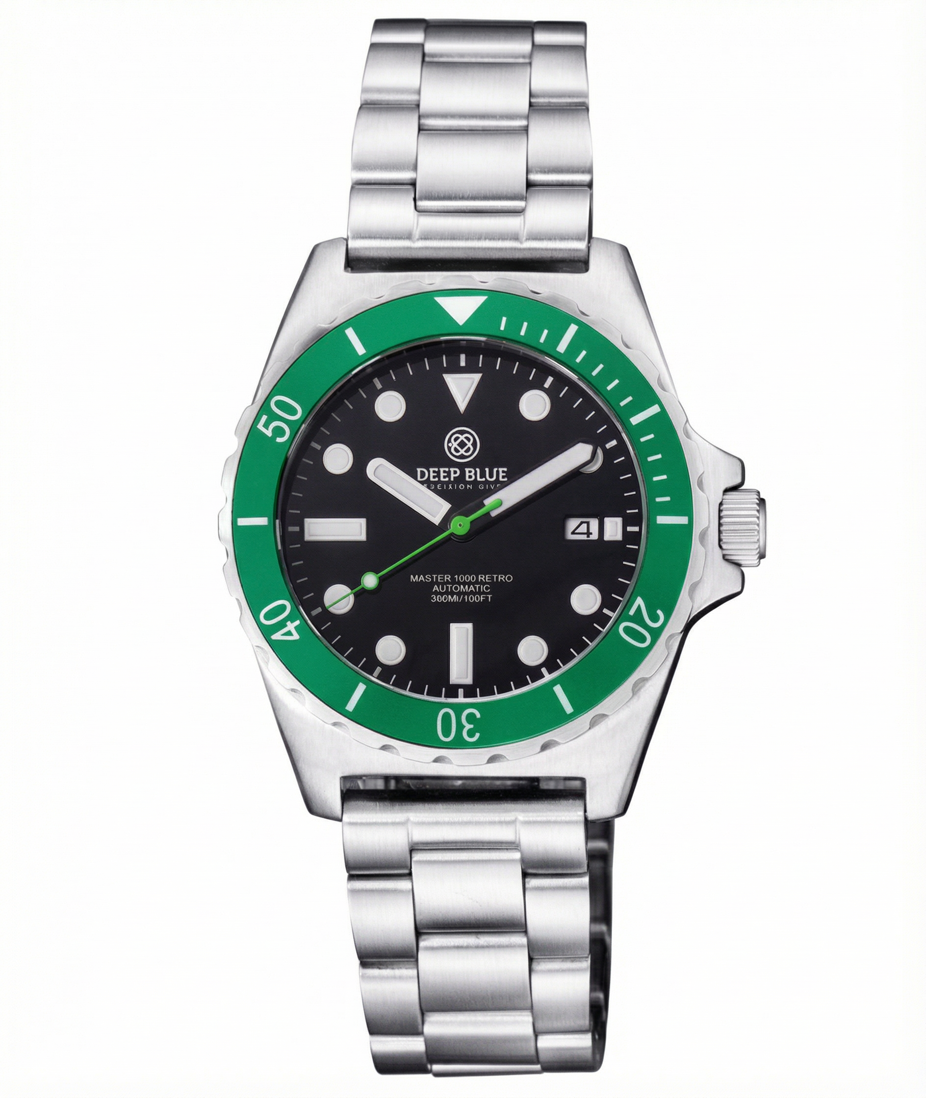 Deep Blue silver watch with green accents and a lume dial