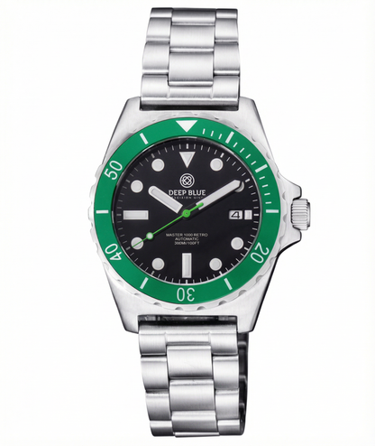 Deep Blue silver watch with green accents and a lume dial