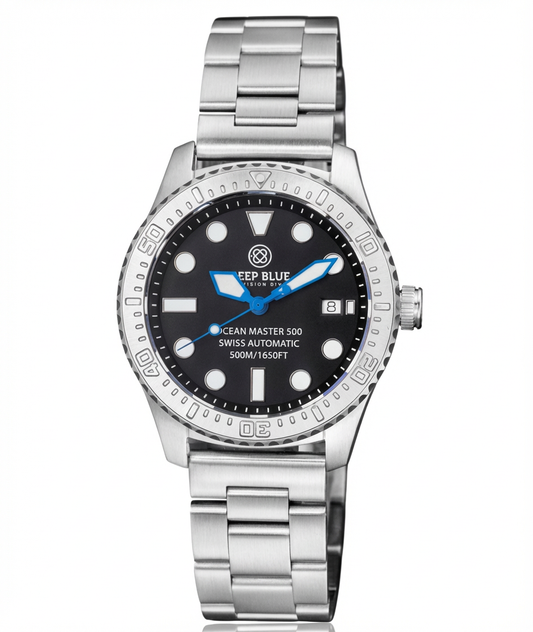Silver Deep Blue watch with blue accents on a white background