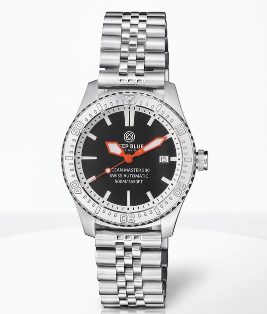 Silver Deep Blue watch with red accents