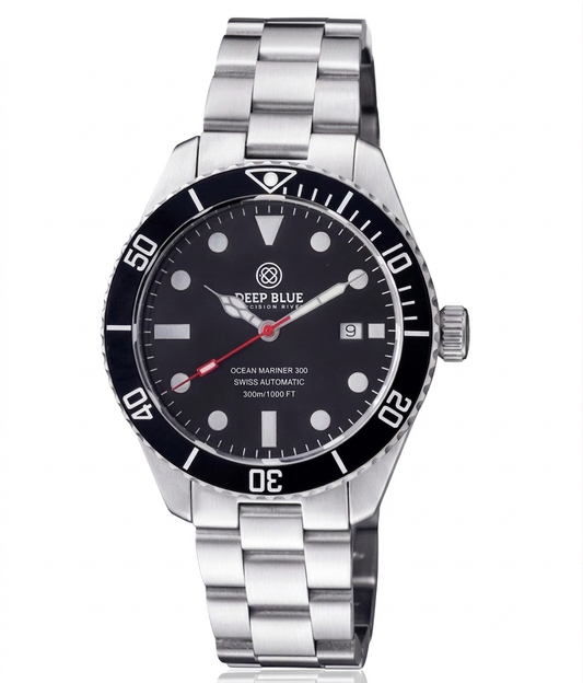 Silver watch with black dial on a white background