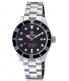 Silver watch with black dial on a white background