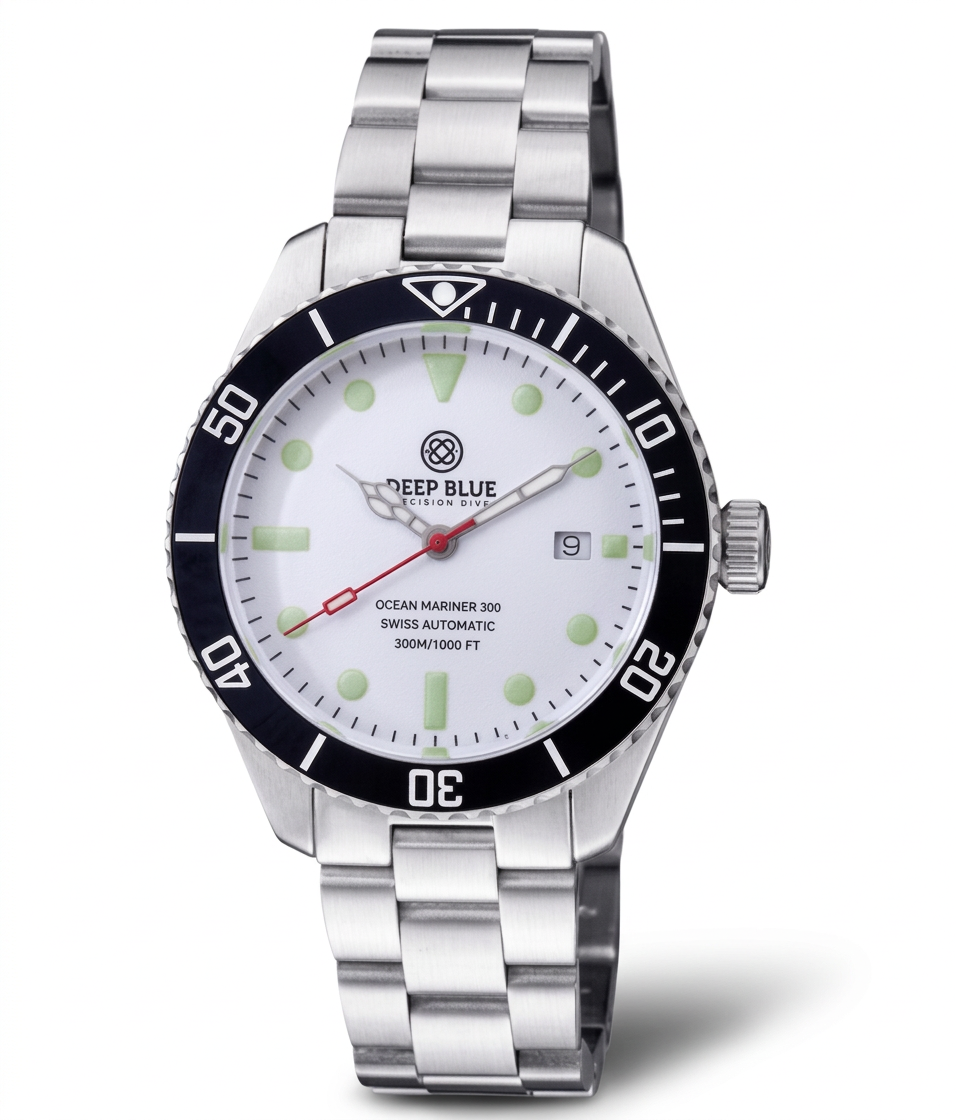 Silver watch with a white face on a white background