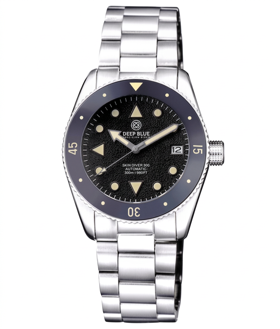 Silver watch with black dial on a white background