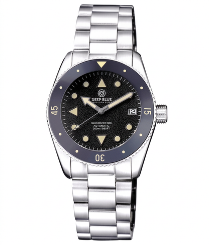 Silver watch with black dial on a white background