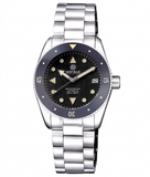 Silver watch with black dial on a white background