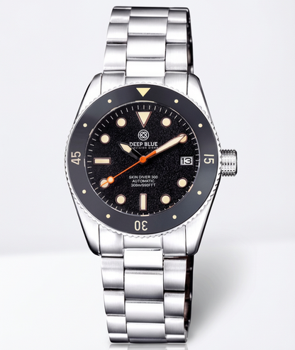 Silver Deep Blue watch with a grey bezel and a white background