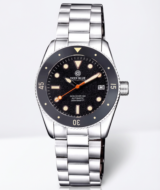 Silver Deep Blue watch with a grey bezel and a white background