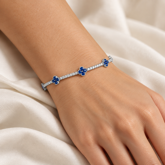 Luxury by Leonardo 14k Gold Blue Sapphire & Diamond Clover Station Flex Bracelet
