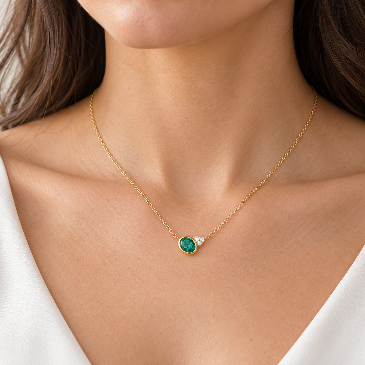 Luxury by Leonardo 14K Gold Bezel-Set Emerald & Diamond Necklace