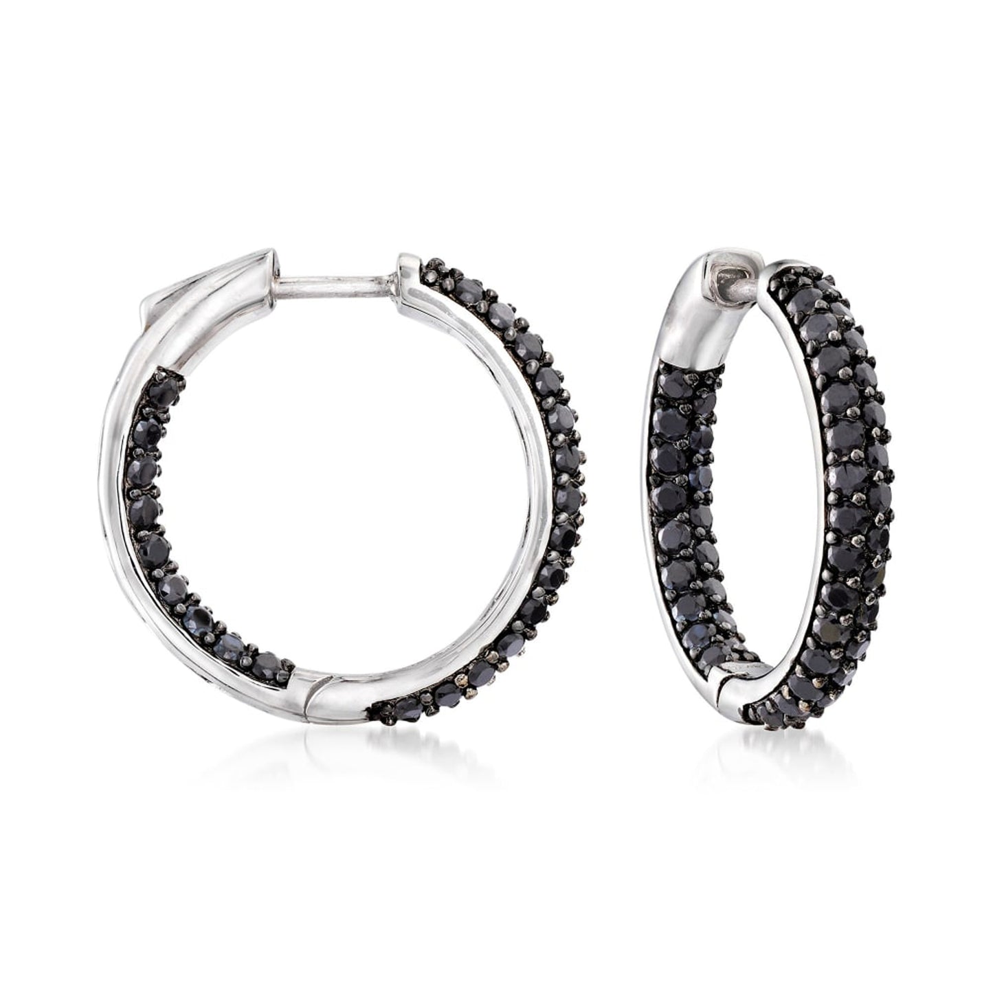 Gem Treasures Sterling Silver Black Spinel Double Row Inside-Out Hoop Earrings