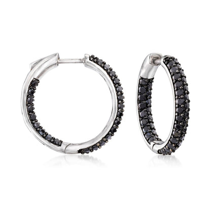 Gem Treasures Sterling Silver Black Spinel Double Row Inside-Out Hoop Earrings