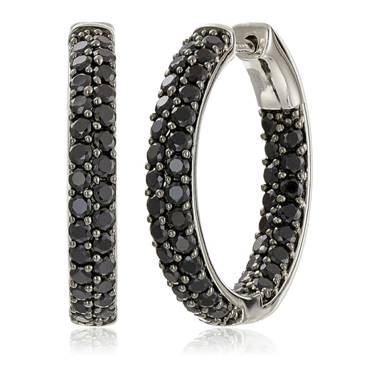 Gem Treasures Sterling Silver Black Spinel Double Row Inside-Out Hoop Earrings