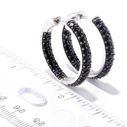 Gem Treasures Sterling Silver Black Spinel Double Row Inside-Out Hoop Earrings