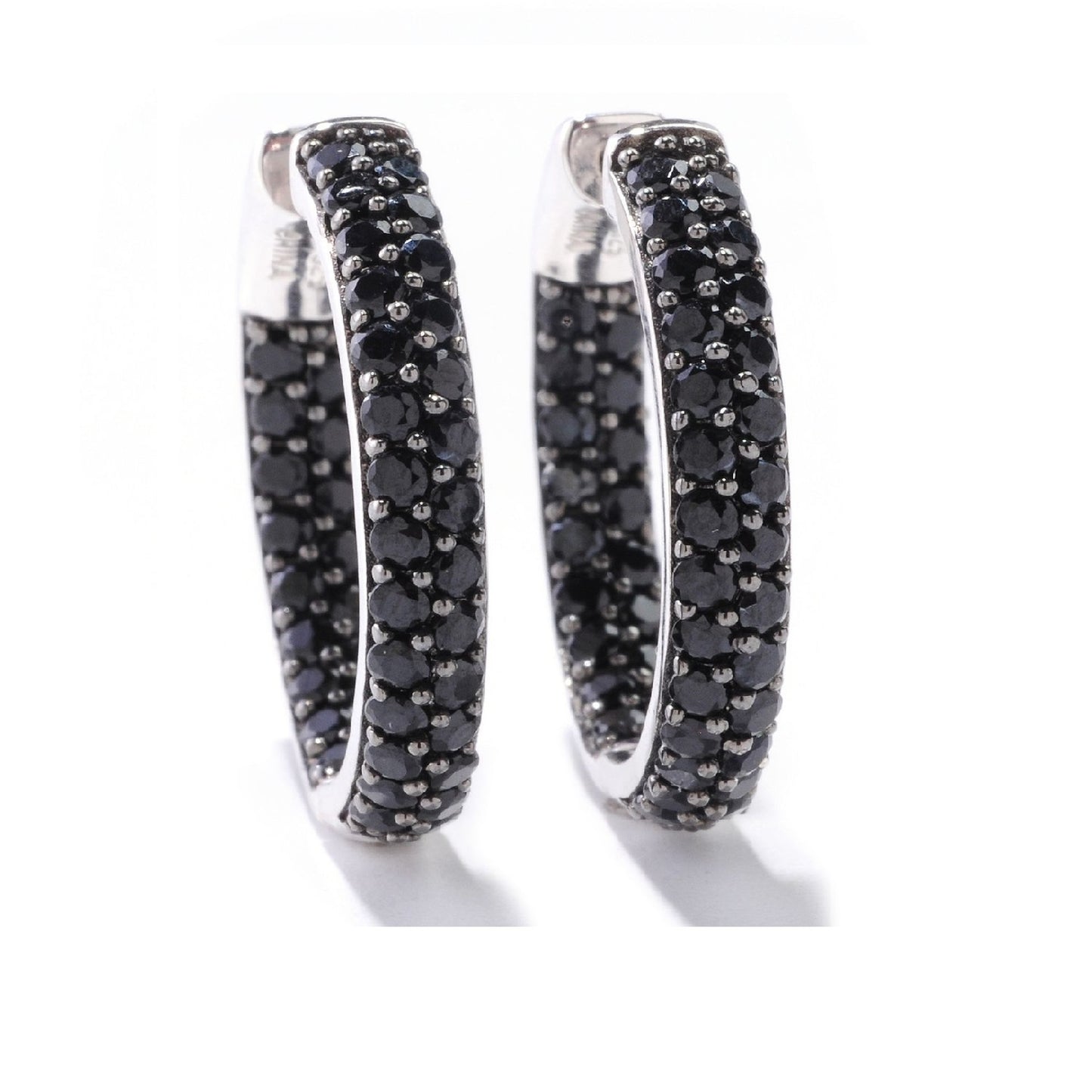 Gem Treasures Sterling Silver Black Spinel Double Row Inside-Out Hoop Earrings