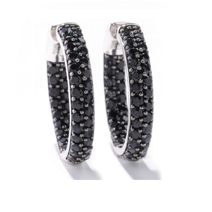 Gem Treasures Sterling Silver Black Spinel Double Row Inside-Out Hoop Earrings