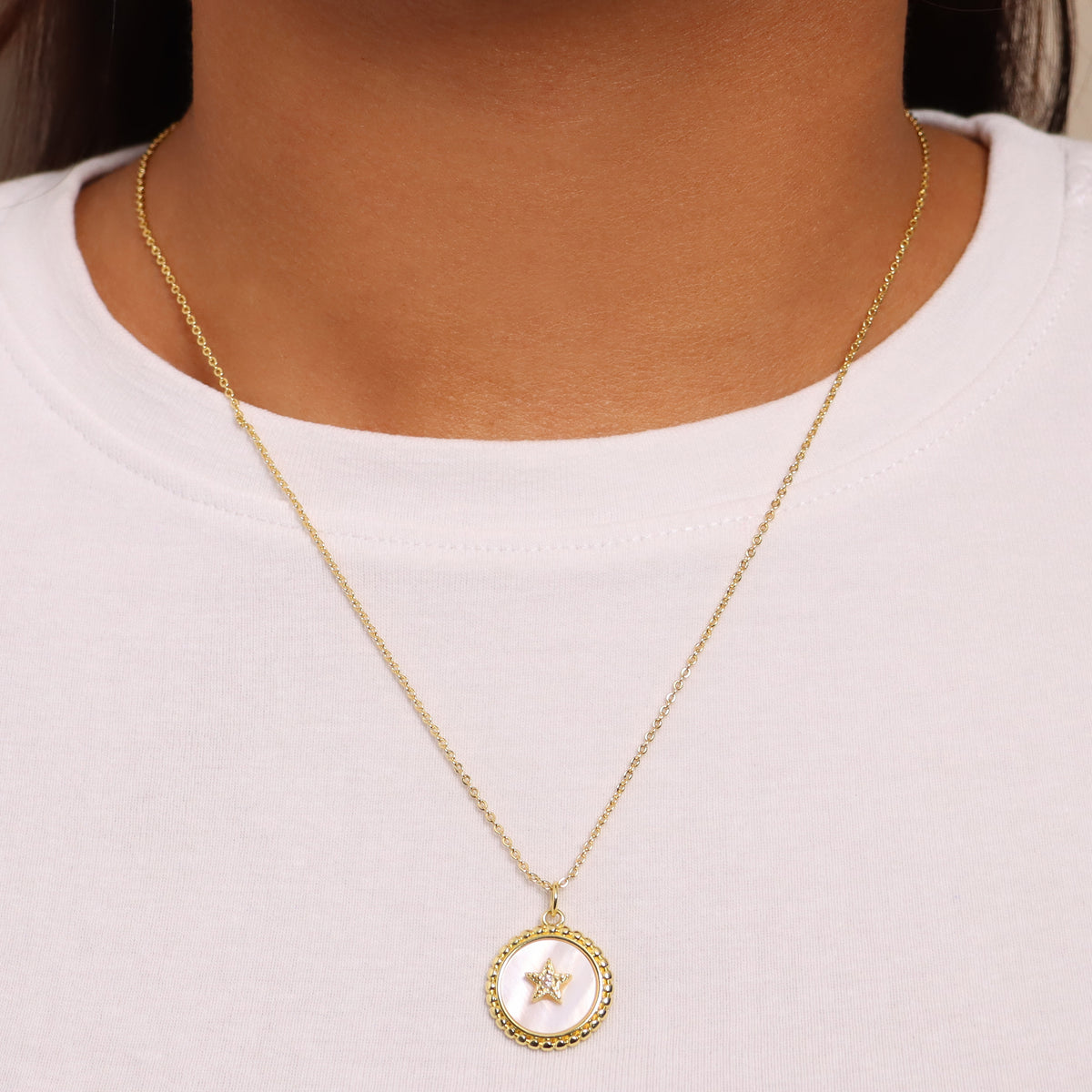 Toscana Italiana 18K Gold Plated Simulated Diamond Mother-of-Pearl Disc Motif Pendant with Chain