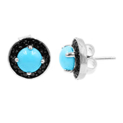Sterling Silver 5mm Sleeping Beauty Turquoise & Black Spinel Halo Stud Earrings