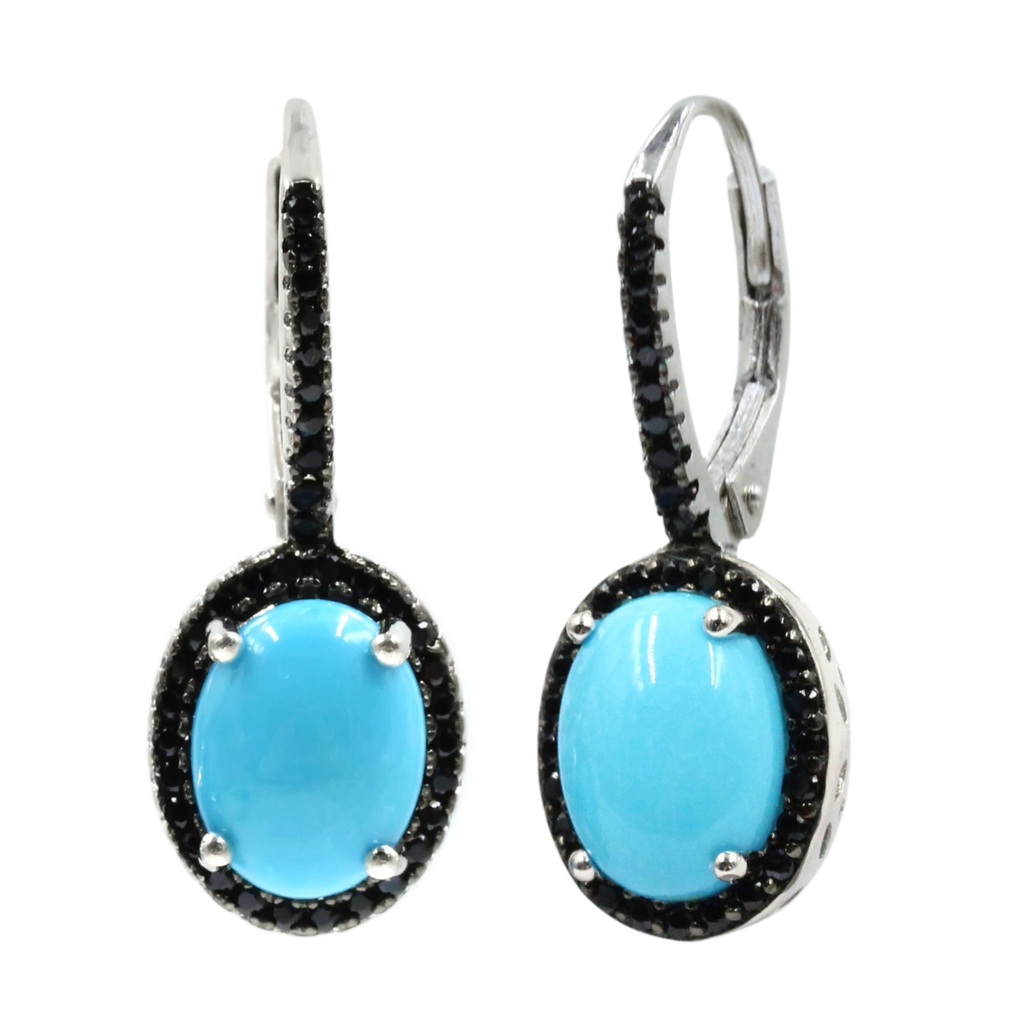 Sterling Silver 9x7mm Sleeping Beauty Turquoise & Black Spinel Drop Earrings