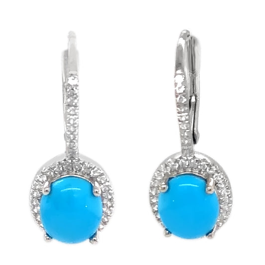 Sterling Silver 9x7mm Sleeping Beauty Turq & White Zircon Drop Earrings