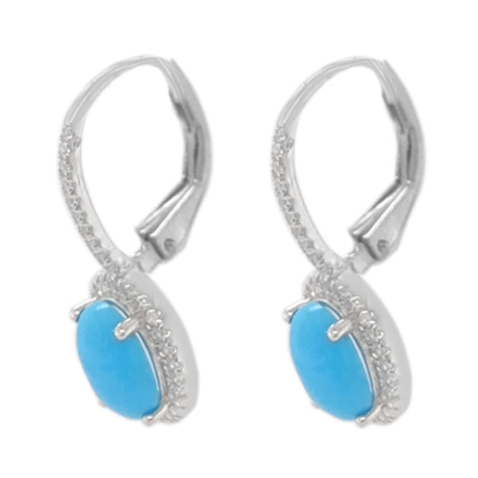 Sterling Silver 9x7mm Sleeping Beauty Turq & White Zircon Drop Earrings