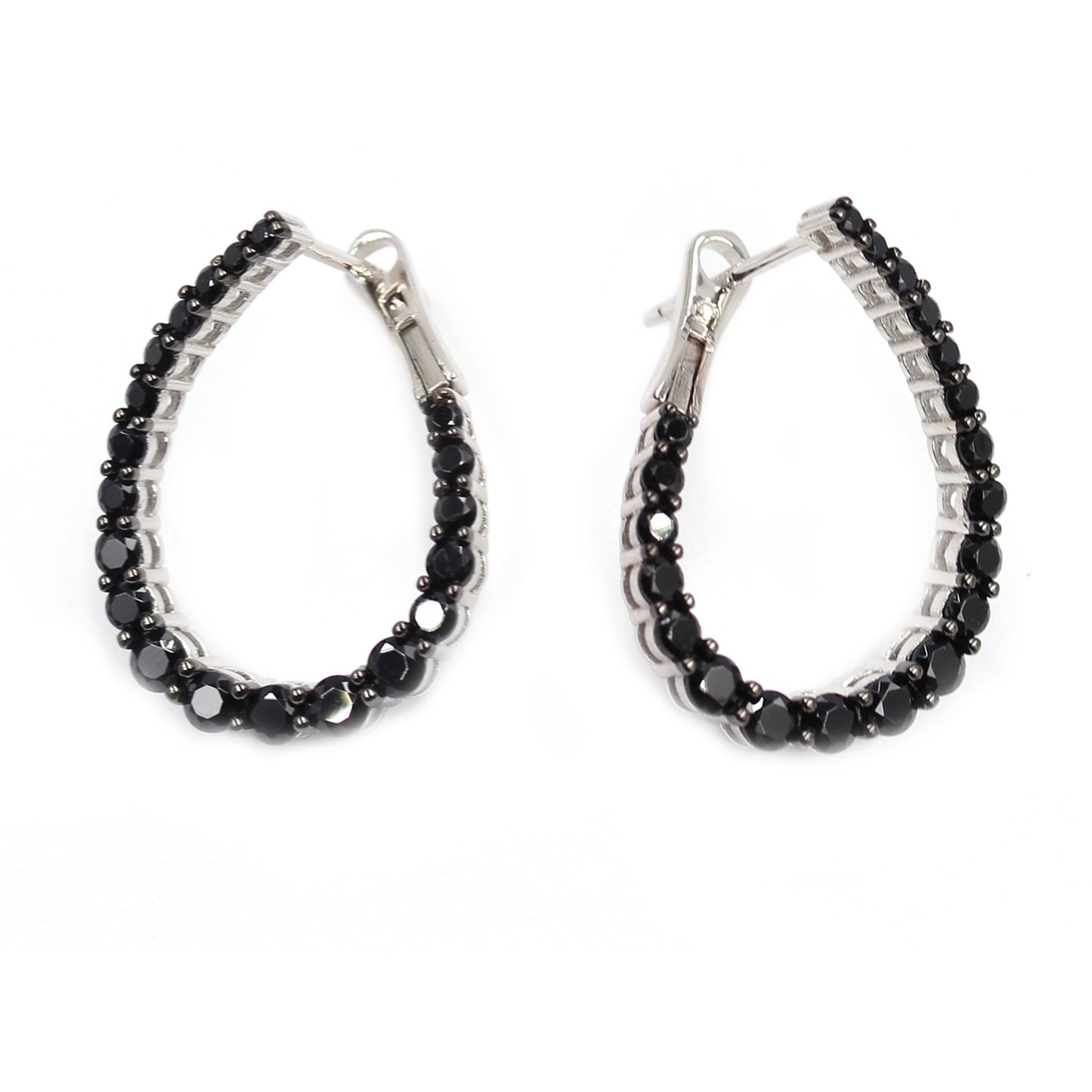 Gem Treasures Sterling Silver Black Spinel Teardrop Forward-Facing Hoop Earrings