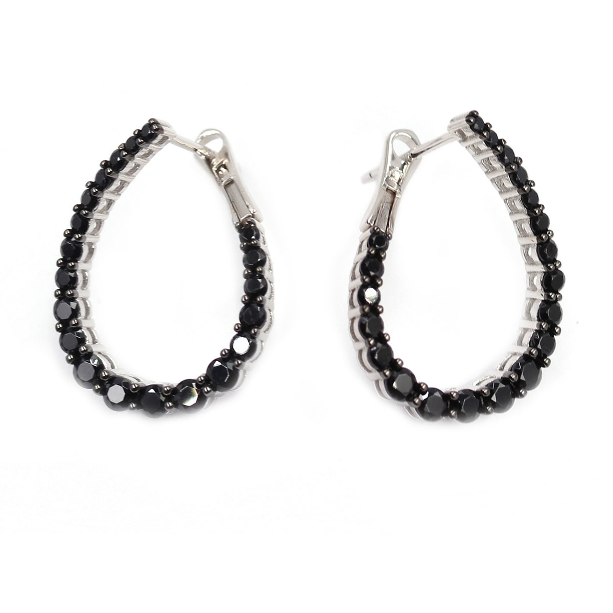 Gem Treasures Sterling Silver Black Spinel Teardrop Forward-Facing Hoop Earrings