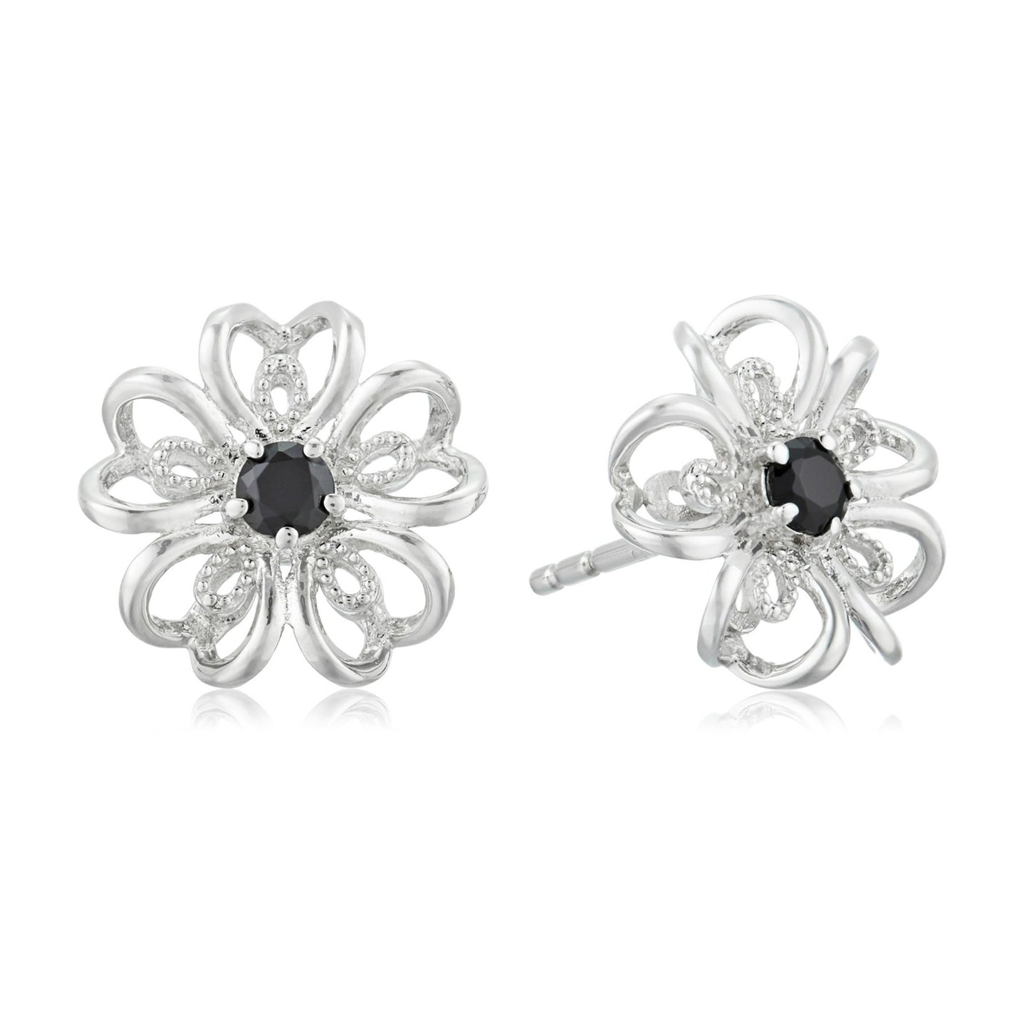 Gem Treasures Sterling Silver Black Spinel Flower Stud Earrings