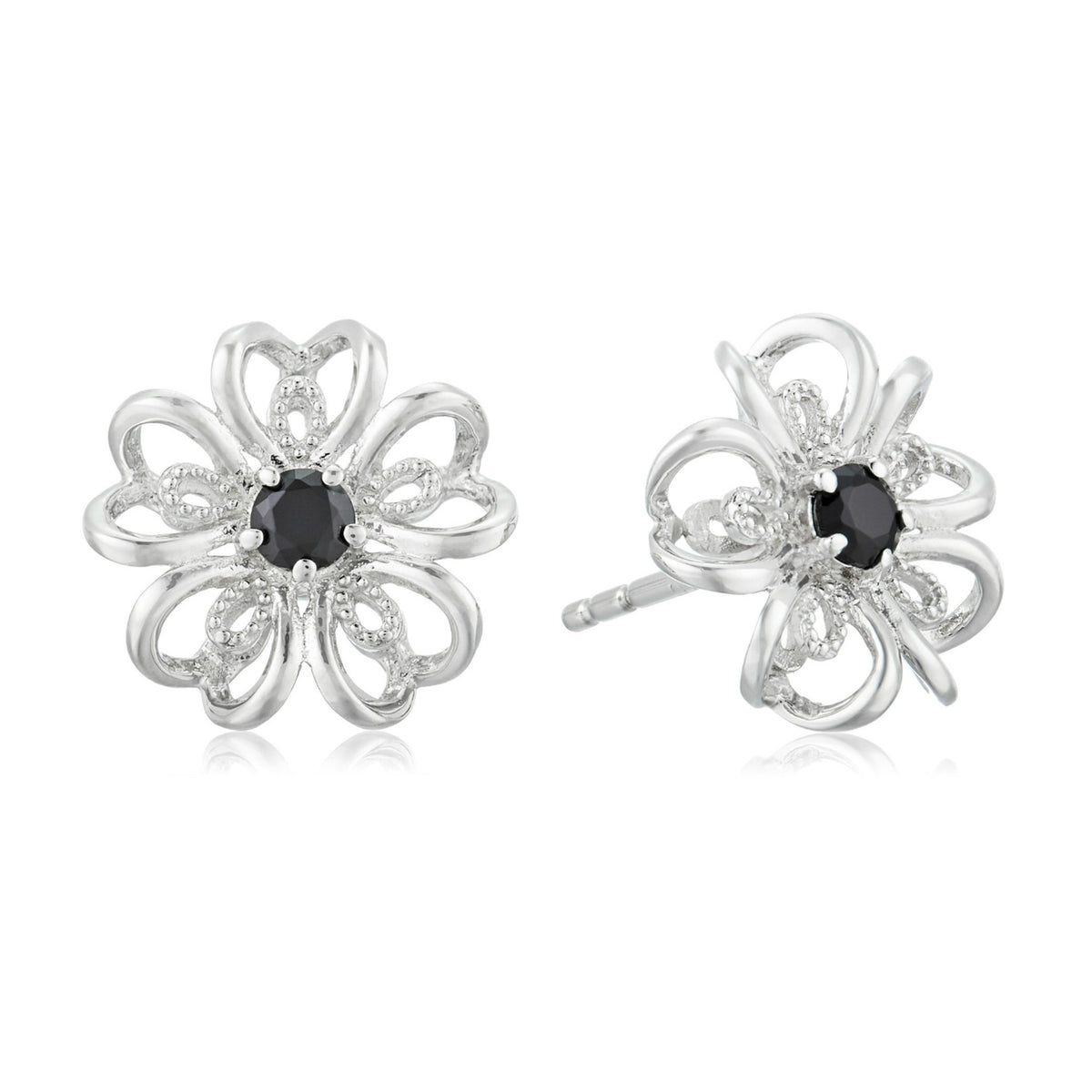 Gem Treasures Sterling Silver Black Spinel Flower Stud Earrings