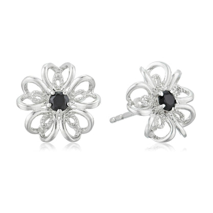 Gem Treasures Sterling Silver Black Spinel Flower Stud Earrings