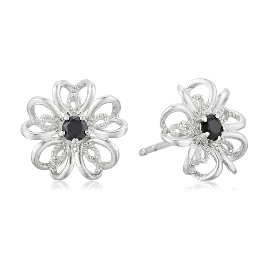 Gem Treasures Sterling Silver Black Spinel Flower Stud Earrings