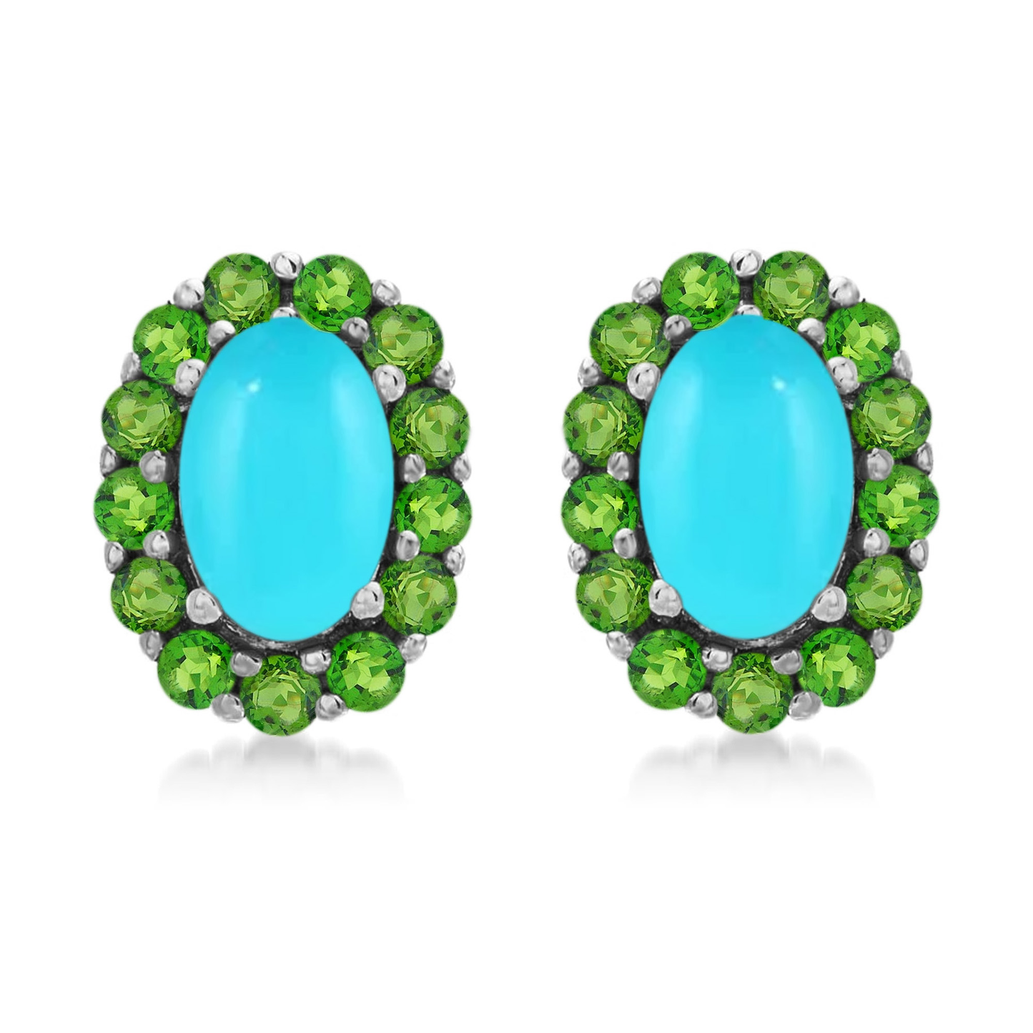 Sterling Silver 6x4mm Sleeping Beauty Turq & Gemstone Halo Stud Earrings